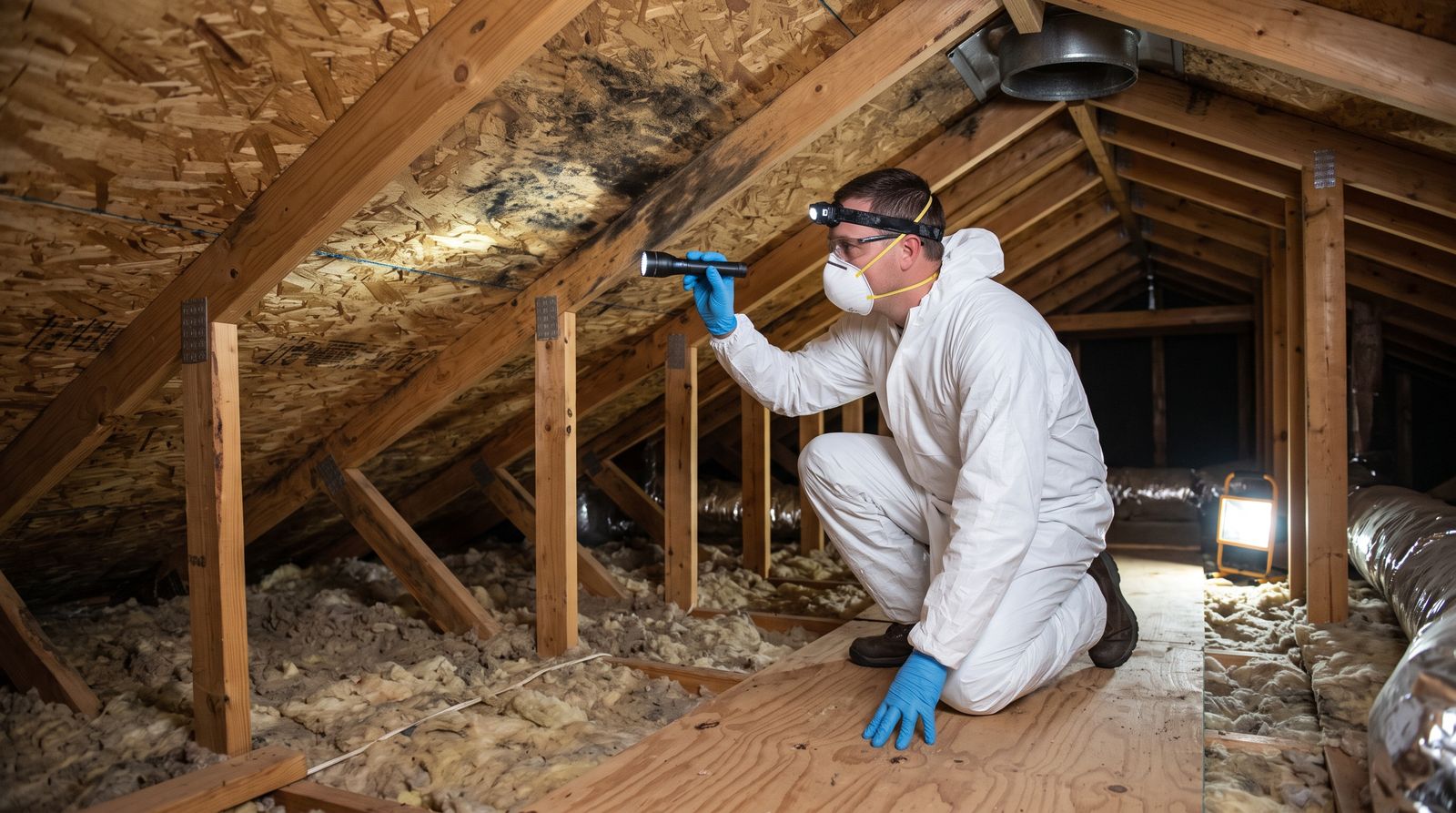 Technician inspecting mold growth on attic roof sheathing in a Howard County, MD home