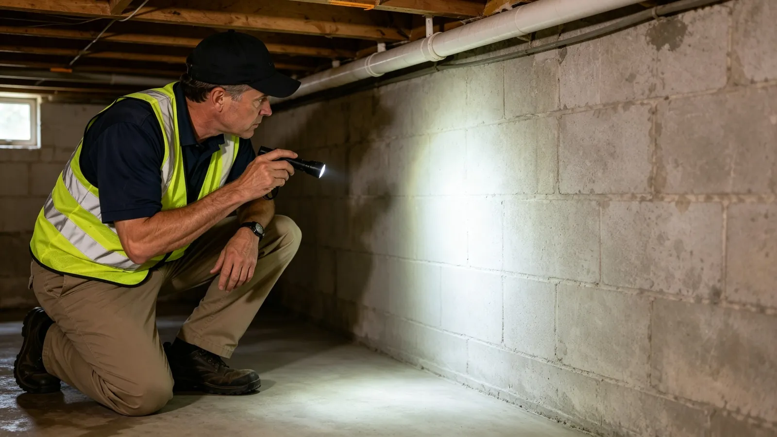 Inspector using a flashlight to check a crawl space foundation wall and floor joists in Howard County, MD