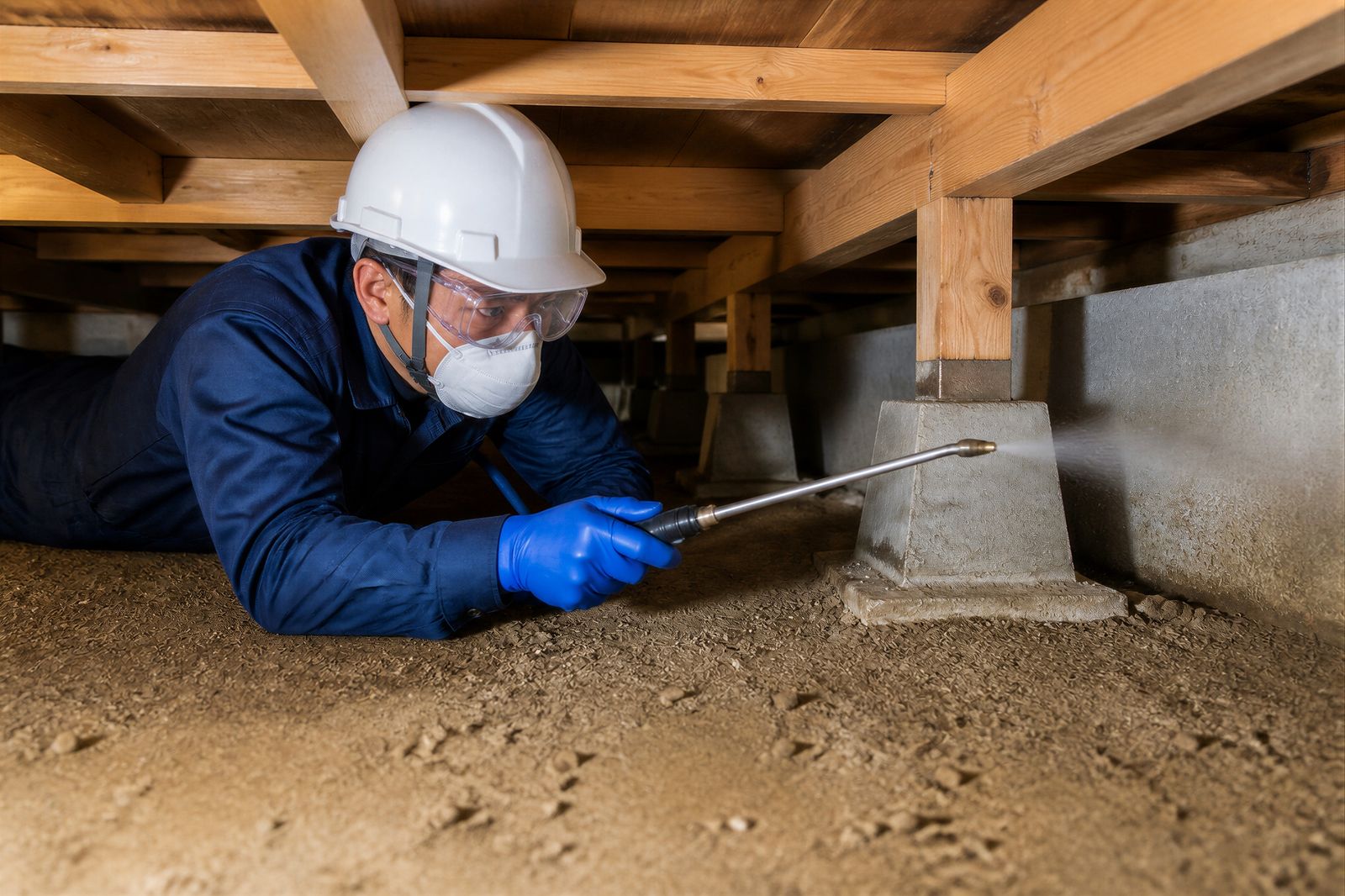Technician applying moisture and mold treatment in a Howard County, MD crawlspace