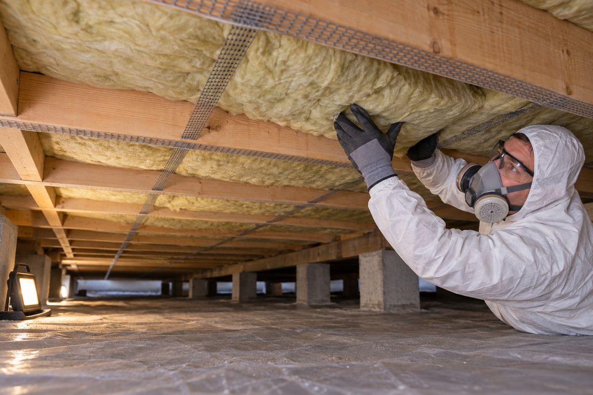 Technician inspecting crawlspace insulation and joists in a Howard County, MD home