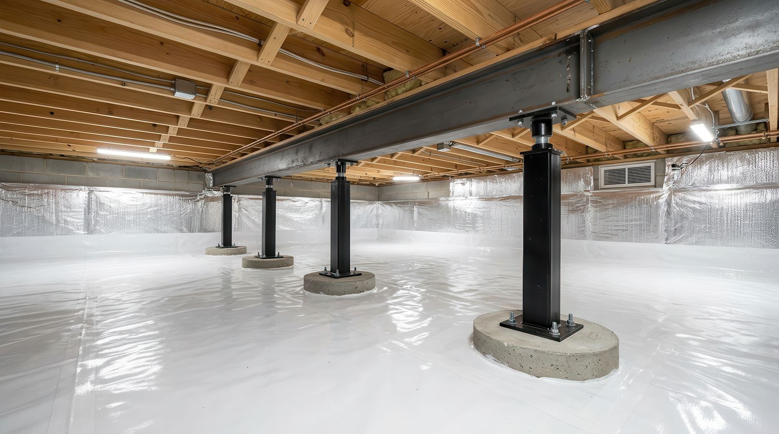 Finished encapsulated crawlspace with steel support piers in a Columbia, MD home