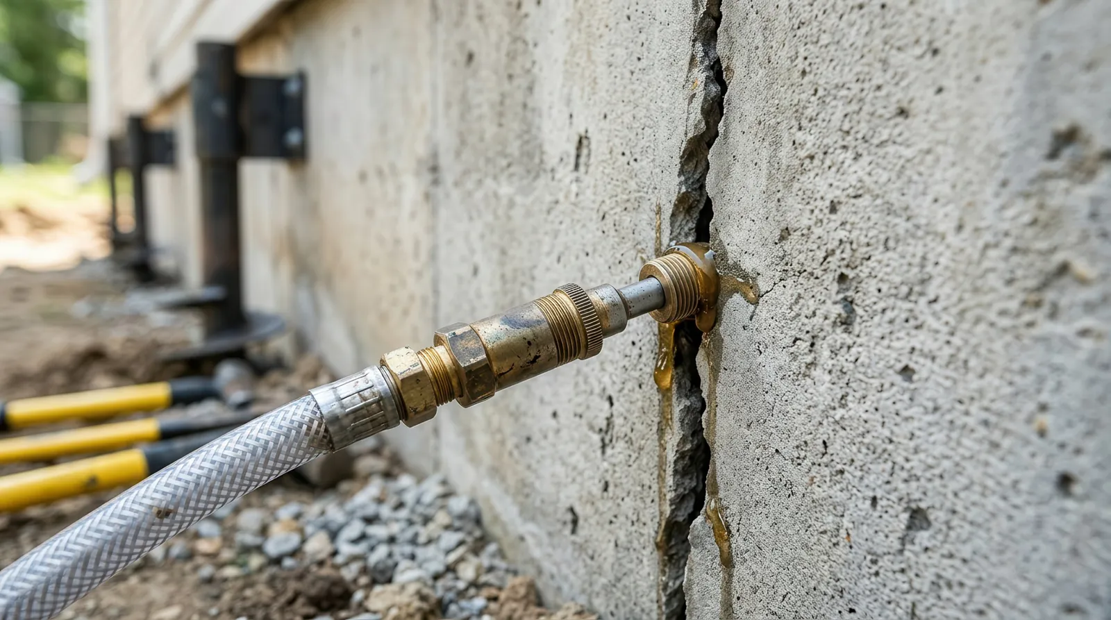 Crack injection fitting in an exterior foundation wall with steel piers installed along the foundation