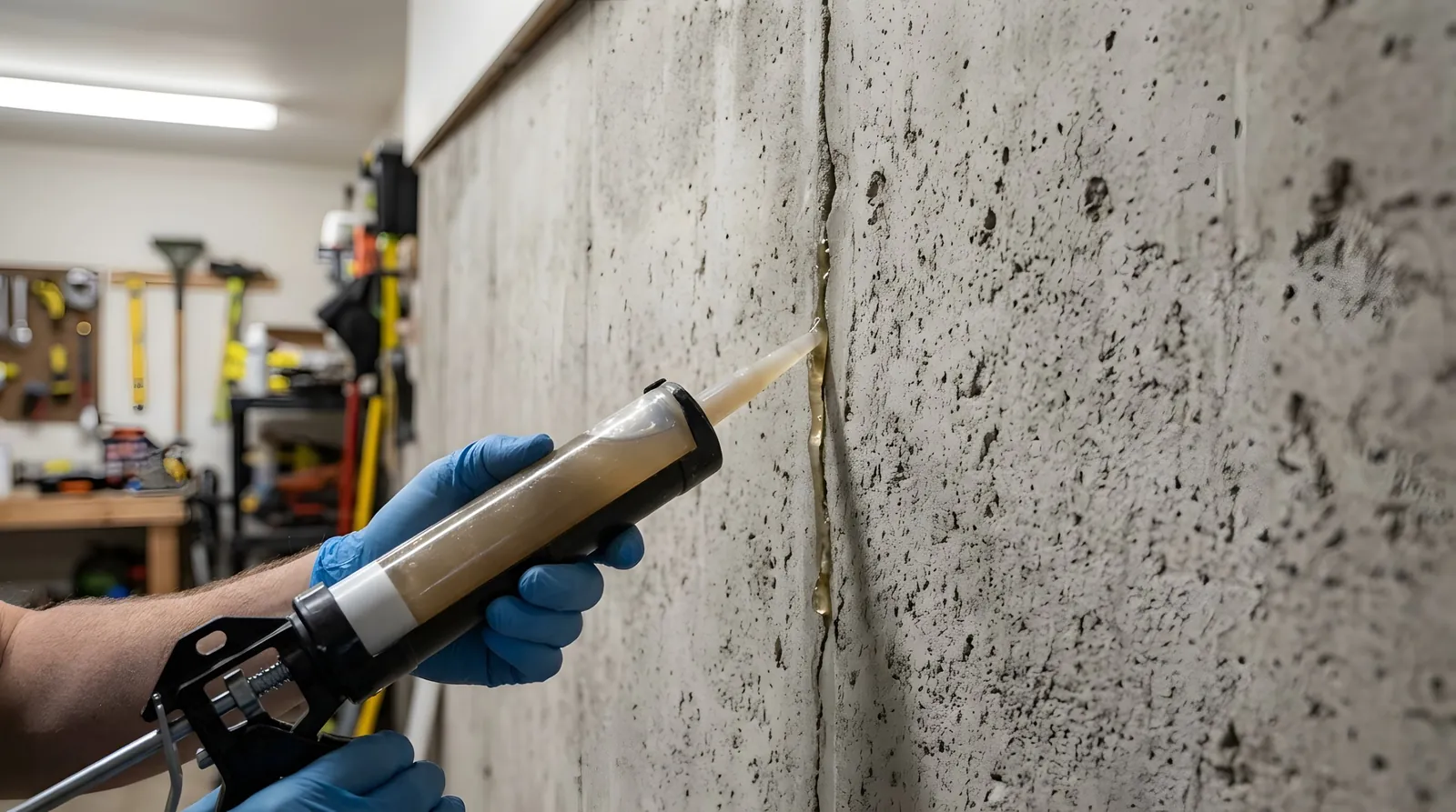 Technician sealing a vertical crack in a poured concrete basement wall in Howard County, MD