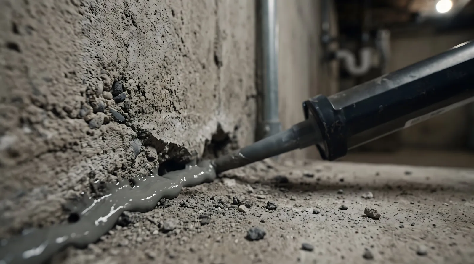 Sealant being applied along the joint between a basement floor and foundation wall