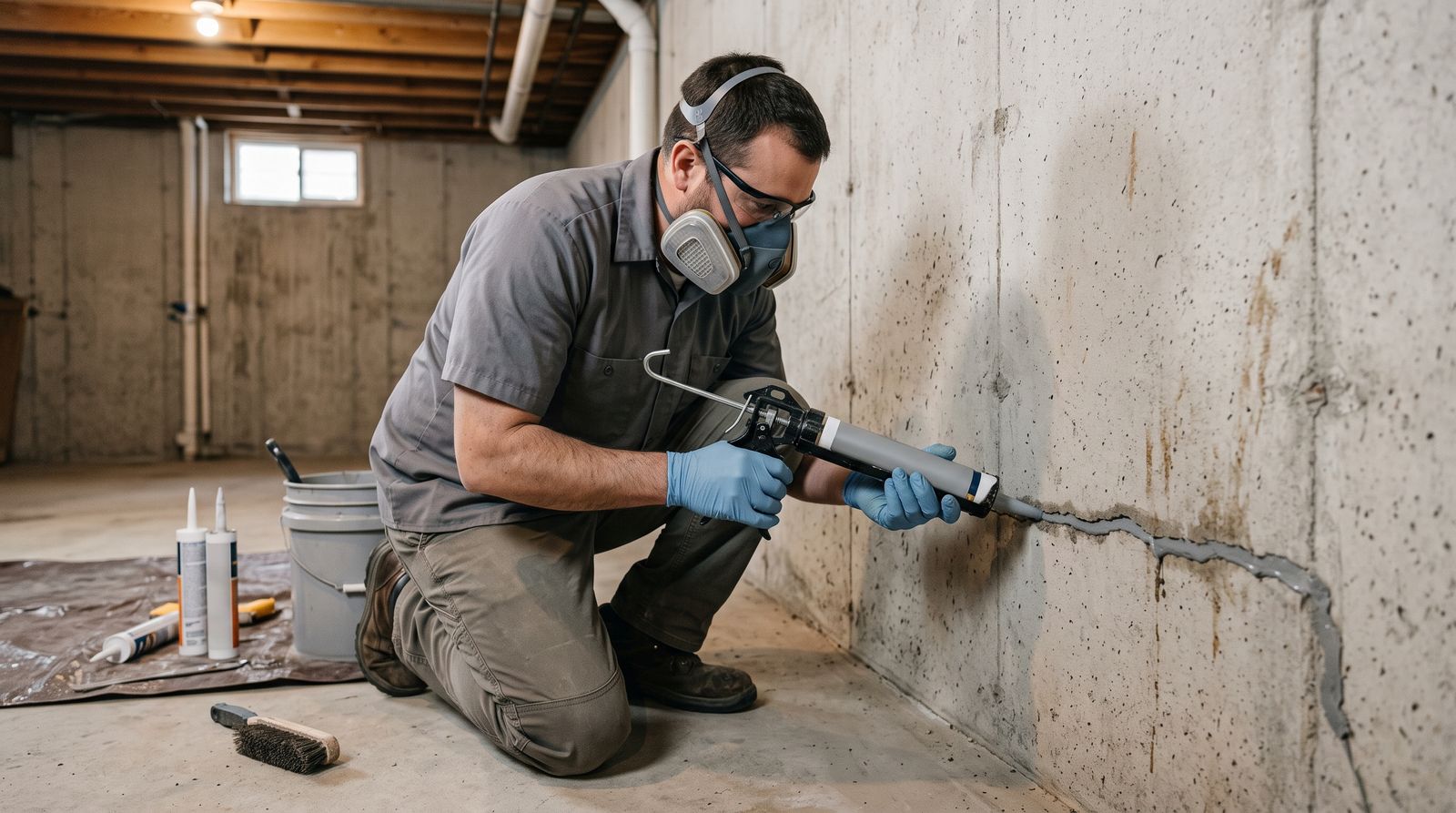 Technician sealing a foundation wall crack as part of crawlspace encapsulation in Howard County, MD