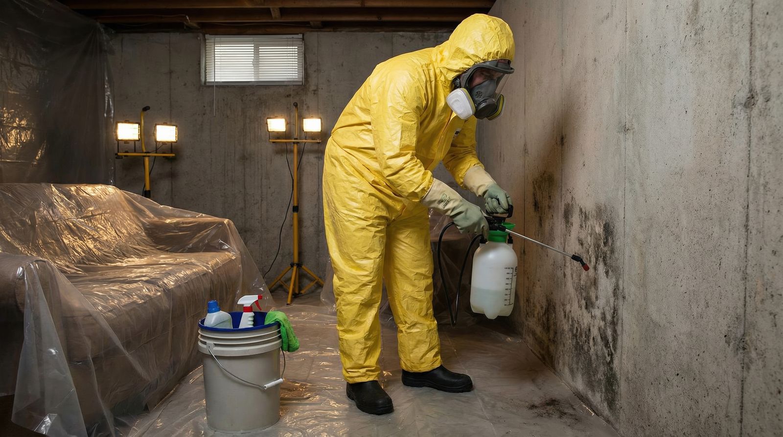 Technician in protective gear treating mold on a stone foundation wall in Ellicott City, MD