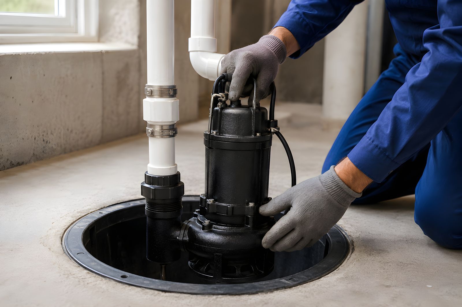Technician installing a sump pump system in an Elkridge, MD home