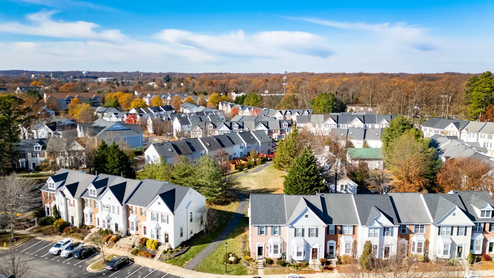 Aerial view of a townhome community in the Laurel, Maryland area in the fall