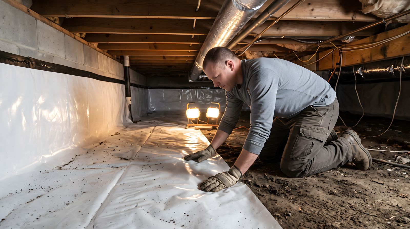 Technician installing a vapor barrier in a crawlspace in Clarksville, MD
