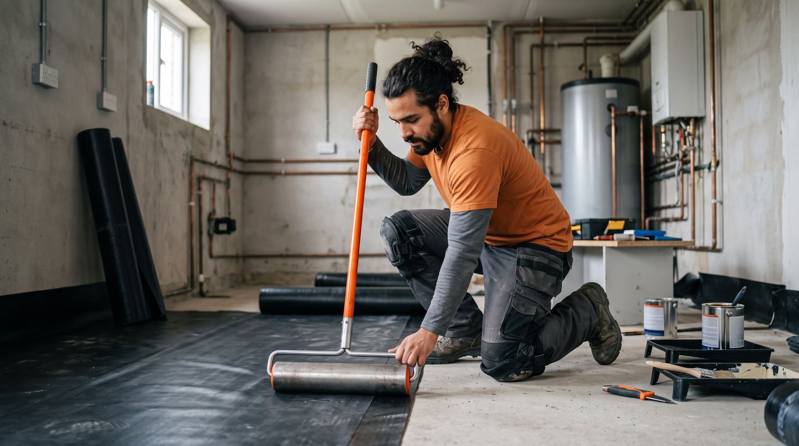 Technician rolling out a vapor barrier membrane during a crawlspace project in Jessup, MD
